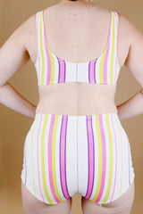 white with colored stripes vintage one piece swimsuit with side and back cut outs 1960's