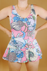 floral printed one piece vintage swimsuit 1970's pink with blue flowers