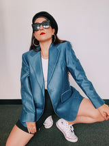 long sleeve blue blazer men's two button closure double lapel 1970's