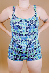 blue printed one piece vintage swimsuit 1960's