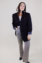 long sleeve black and dark brown vertical striped button up wool blazer vintage 1960's