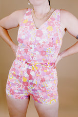 pink floral printed one piece swimsuit romper cotton vintage 1960's