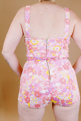 pink floral printed one piece swimsuit romper cotton vintage 1960's
