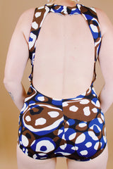 brown purple and navy printed one piece vintage swimsuit 1960's
