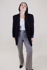 long sleeve black and dark brown vertical striped button up wool blazer vintage 1960's