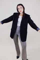 long sleeve black and dark brown vertical striped button up wool blazer vintage 1960's