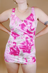 pink printed one piece vintage 1960's swimsuit with front skirt