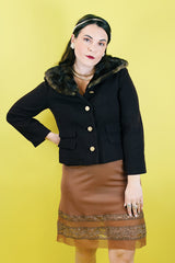 Women's vintage 1950's Doop's, George Carmel, New York label long sleeve chocolate brown cropped jacket with brown fur trim collar.