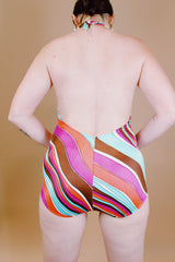 striped print halter neck one piece swimsuit vintage 1960's