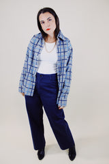 long sleeve grey button up shirt with black and blue plaid striped print vintage 1960's