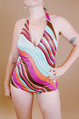 striped print halter neck one piece swimsuit vintage 1960's