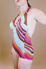 striped print halter neck one piece swimsuit vintage 1960's