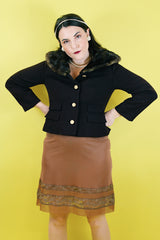 Women's vintage 1950's Doop's, George Carmel, New York label long sleeve chocolate brown cropped jacket with brown fur trim collar.