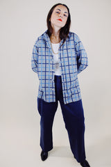 long sleeve grey button up shirt with black and blue plaid striped print vintage 1960's