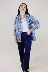 long sleeve grey button up shirt with black and blue plaid striped print vintage 1960's