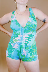 green blue and pink tropical printed one piece swimsuit vintage 1970's