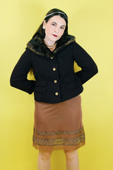 Women's vintage 1950's Doop's, George Carmel, New York label long sleeve chocolate brown cropped jacket with brown fur trim collar.