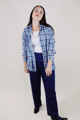 long sleeve grey button up shirt with black and blue plaid striped print vintage 1960's