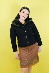 Women's vintage 1950's Doop's, George Carmel, New York label long sleeve chocolate brown cropped jacket with brown fur trim collar.