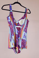 abstract print vintage 1950's one piece swimsuit purple and reds nylon material