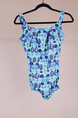 blue printed one piece vintage swimsuit 1960's