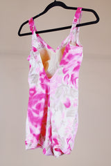 pink printed one piece vintage 1960's swimsuit with front skirt