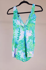 green blue and pink tropical printed one piece swimsuit vintage 1970's