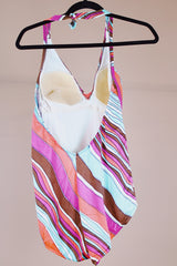 striped print halter neck one piece swimsuit vintage 1960's