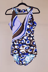 brown purple and navy printed one piece vintage swimsuit 1960's