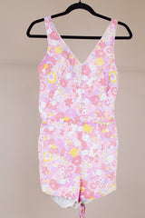 pink floral printed one piece swimsuit romper cotton vintage 1960's