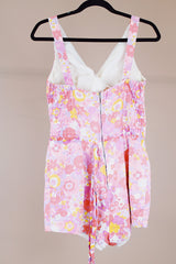pink floral printed one piece swimsuit romper cotton vintage 1960's