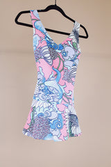floral printed one piece vintage swimsuit 1970's pink with blue flowers