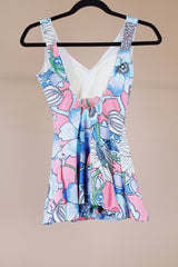floral printed one piece vintage swimsuit 1970's pink with blue flowers
