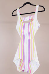 white with colored stripes vintage one piece swimsuit with side and back cut outs 1960's