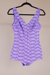 printed purple one piece swimsuit vintage 1950's low back v neck