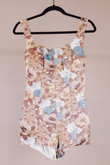 brown floral printed one piece swimsuit romper vintage 1960's