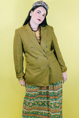 Women's or men's vintage 1970's Lee Wald Tailored Clothing long sleeve double breasted linen material mustard yellow blazer.