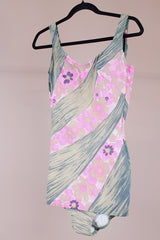 brown and pink floral printed one piece swimsuit vintage 1960's with skirt in front