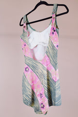brown and pink floral printed one piece swimsuit vintage 1960's with skirt in front