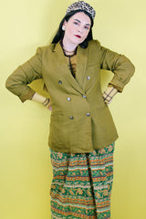 Women's or men's vintage 1970's Lee Wald Tailored Clothing long sleeve double breasted linen material mustard yellow blazer.