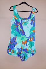 blue and green floral tropical print vintage 1960's one piece swimsuit with skirt
