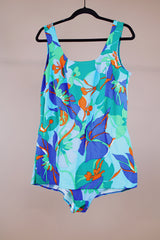 blue and green floral tropical print vintage 1960's one piece swimsuit with skirt