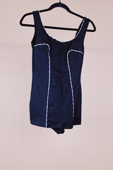 black one piece swimsuit with black and white gingham trim vintage 1960's
