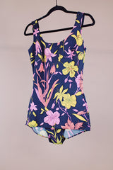 sleeveless one piece swimsuit black with floral print skirt in front vintage 1960's