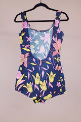 sleeveless one piece swimsuit black with floral print skirt in front vintage 1960's