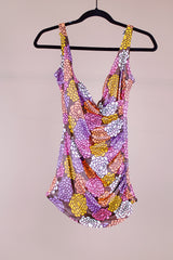 vintage 1970's floral printed one piece swimsuit with wrap bust and skirt front
