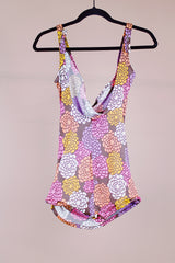 vintage 1970's floral printed one piece swimsuit with wrap bust and skirt front