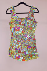 multi colored floral printed swimsuit top vintage 1970's adjustable straps