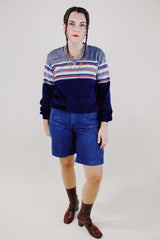 long sleeve v neck pullover velour sweater in navy and grey stripes vintage 1970's