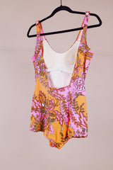 pink and orange paisley printed vintage 1970's one piece swimsuit
